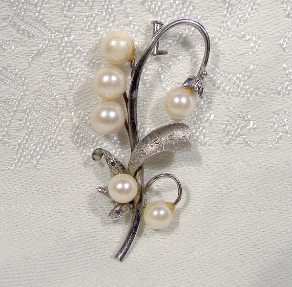 14K White Gold Pearls Lily of the Valley Brooch 19