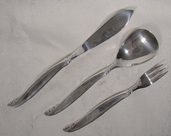 Rogers Leilani Silver Plate Butter Knife, Sugar  Spoon and Seafood Fork 1961