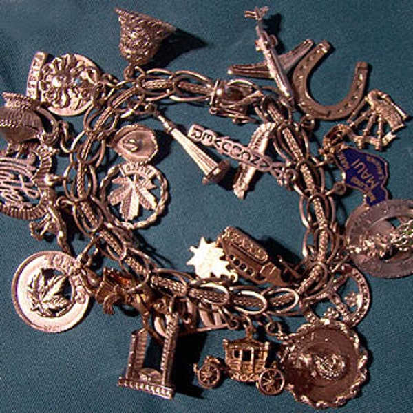 Forstner Sterling Charm Bracelet with Mesh and 24 Silver Charms c1960s