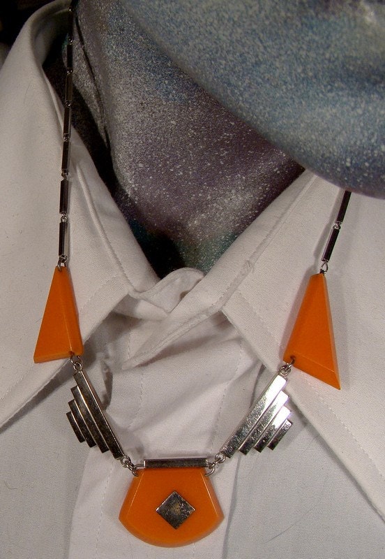 Collier Art Déco Jakob Bengel Années 1930 - Verre Coloré Et Métal Chromé | Pièce Vintage, Longueur 43 Cm