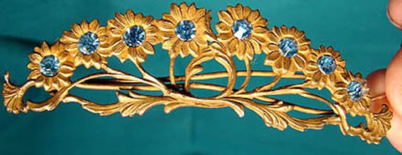 Antique Gilt Brass Art Nouveau DAISIES RHINESTONE… - image 1