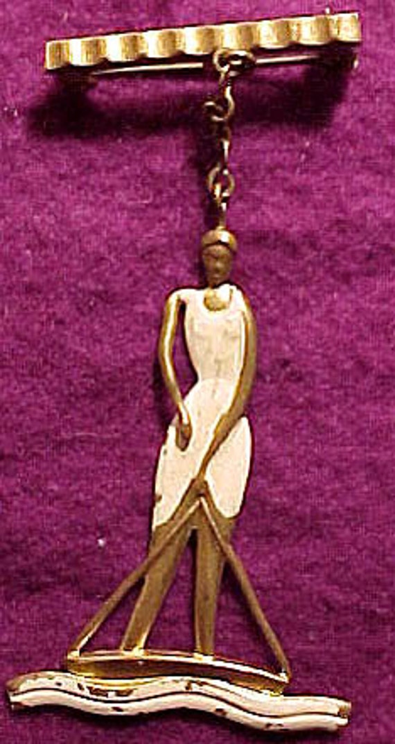 Art Deco Brass & Enamel Woman Swimmer Bather Broo… - image 1