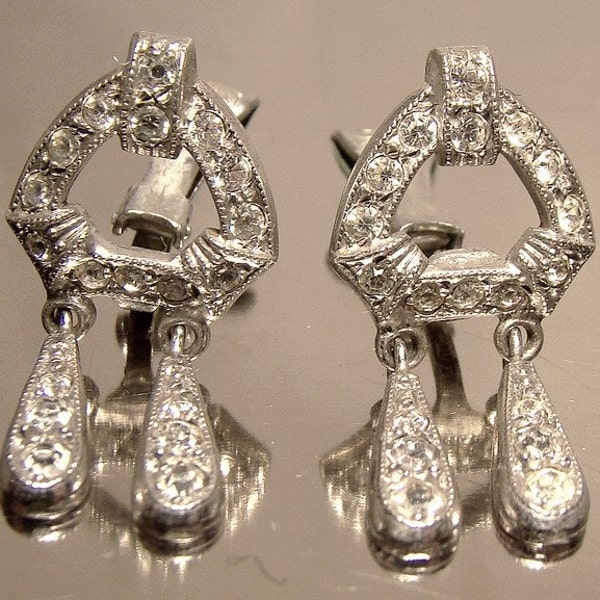 Art Deco Sterling Silver Paste Drop Dangle Earrings 1920s