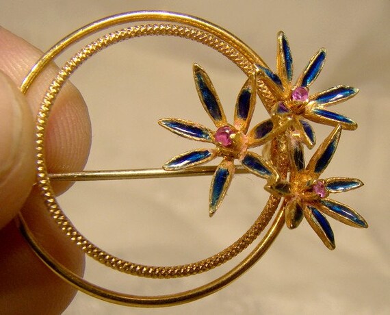 18K Rubies Pearl Blue Enamel Lavaliere Necklace a… - image 3