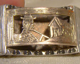Peru Silver and Gold Engraved Scenic Brooch 1950s