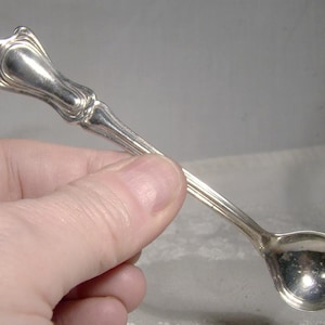 May include: A silver teaspoon with an ornate handle and a rounded bowl. The spoon is about 5 inches long.