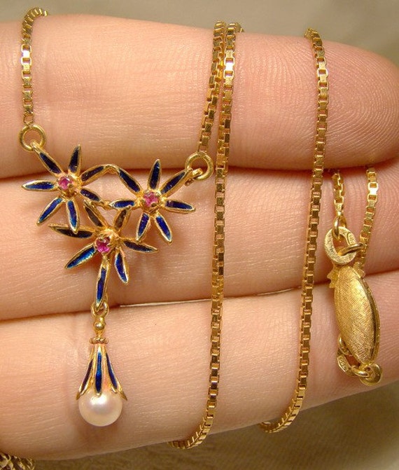 18K Rubies Pearl Blue Enamel Lavaliere Necklace a… - image 1