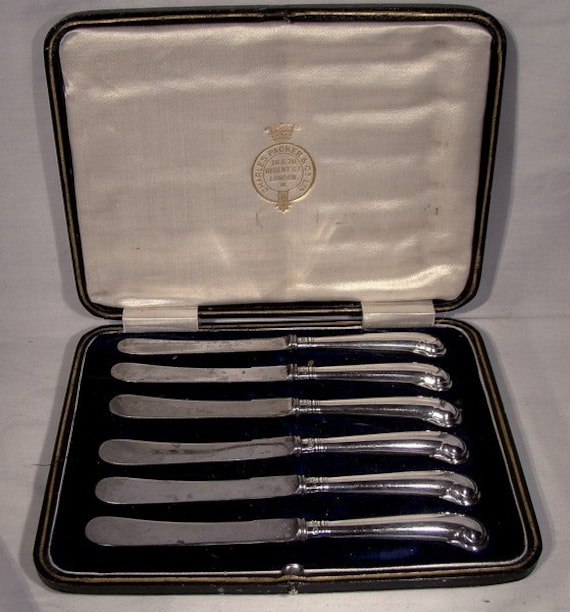 【Harrison Brothers】【純銀ハンドル】キングス バターナイフ 6 STERLING Silver Pistol Handle Butter Knives in Fitted Case 1917