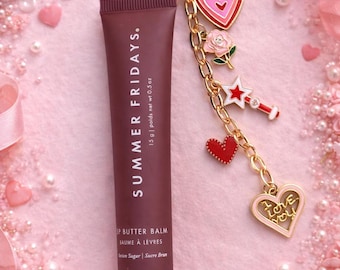 Llavero con dije de brillo labial / Dije de bolso con forma de corazón de San Valentín / Accesorio para bolso femenino rosa