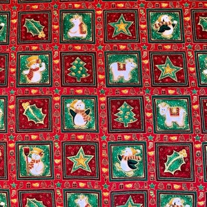 Vintage Holiday~Christmas~Winter FABRIC Piece~Xmas Patchwork Design~Bright RED and GREEN 100% Cotton Material~Face Mask Fabric