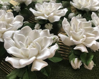 Very light ivory gardenia. flower  for hair Hair comb,polymer clay flowers.