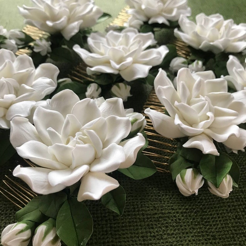 Very light ivory gardenia. flower for hair Hair comb,polymer clay flowers. image 1