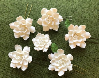 Very light ivory gardenia flower pin. Gardenia hairstyles for brides , bridesmaids.