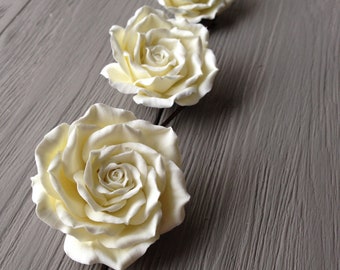 Ivory Rose Hair bobby pin polymer clay flowers. Set of 3.