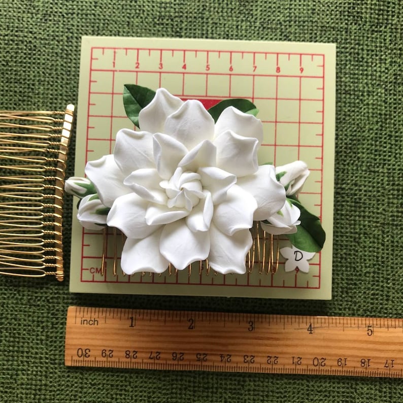 Very light ivory gardenia. flower for hair Hair comb,polymer clay flowers. image 6