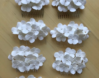 Light ivory hydrangea bride hair comb.  Hair comb polymer clay flowers. Wedding floral hairstyle. Set of two.