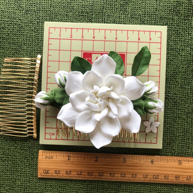 Very light ivory gardenia. flower for hair Hair comb,polymer clay flowers. image 8