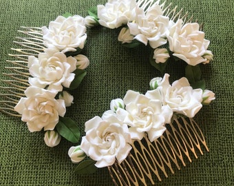 Light ivory gardenia. flower  for hair Hair comb,polymer clay flowers.