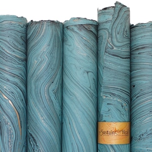 Teal with Gold—5 sheets text weight handmade fair trade marble paper