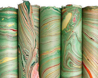 Green and Red with Gold—5 sheets text weight handmade fair trade marble paper