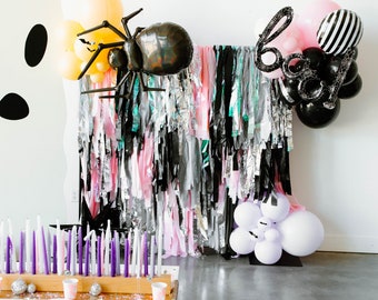 Pink and Black Halloween Party | Sweet & Spooky Fringe Backdrop | Pastel Halloween | Halloween Garland | Halloween Party | Girly Decor |