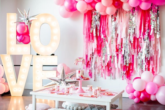 Pink and white theme birthday decoration items with fringe curtain