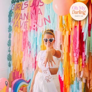 Pink and Blue Bachelorette Poolside Paradise for Summer Sunshine Celebrations, Beach Parties & Custom Event Backdrops, Fringe Garland