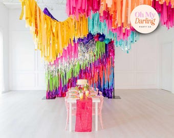 Retro 90s Rainbow Backdrop – Colorful Birthday Party Decor & Custom Tassel Event Backdrops for Themed Celebrations , Fringe, Streamers