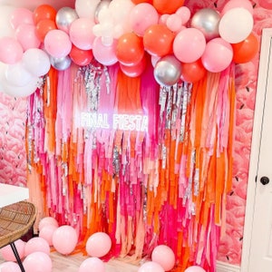 Personalizable Pink & Orange Fringe Backdrop - Pink Party, Barbie Birthday Party Decor, 70's Party, Bachelorette Party Party Backdrops
