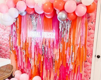 Personalizable Pink & Orange Fringe Backdrop - Pink Party, Barbie Birthday Party Decor, 70's Party, Bachelorette Party Party Backdrops