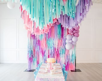Pastel Rainbow Birthday Banner, Rainbow Birthday Decoration, Pastel Heart Banner, Large Rainbow Fringe Backdrop, Pink Purple Aqua Backdrop