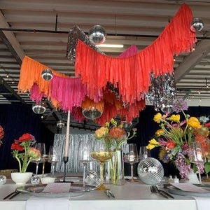 Disco Ceiling Aerials, Ceiling Installation, Ceiling Fringe, Ceiling Streamers, Plastic Swags, Overhead Installation, Overhangs, Weddings