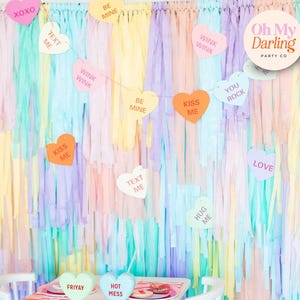 Candy Heart Fringe Backdrop – Pastel Decor for Valentine’s Day, Galentine’s & Sweetheart Party Celebrations, Fringe Backdrop , Party Decor