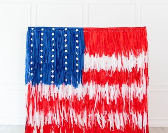USA Flag Fringe Backdrop, Patriotic Party Decor and Photo Booth Streamer Wall