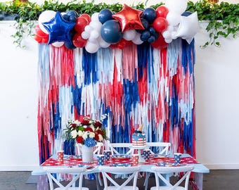 Red White Blue Fringe Backdrop: Customizable Patriotic Party Decor