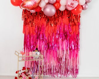 Valentine's Party Decor Kit, Valentines' Day Fringe Backdrop & Balloon Arch, Red and Pink Balloon Garland, Valentine's Themed Party