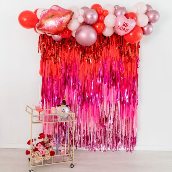 Valentine's Party Decor Kit, Valentines' Day Fringe Backdrop & Balloon Arch, Red and Pink Balloon Garland, Valentine's Themed Party