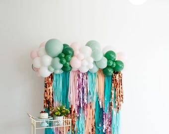 Surfer Girl Fringe Backdrop - Pastel Beach and Surf Party Decor, Photo Booth Streamer Wall Hanging