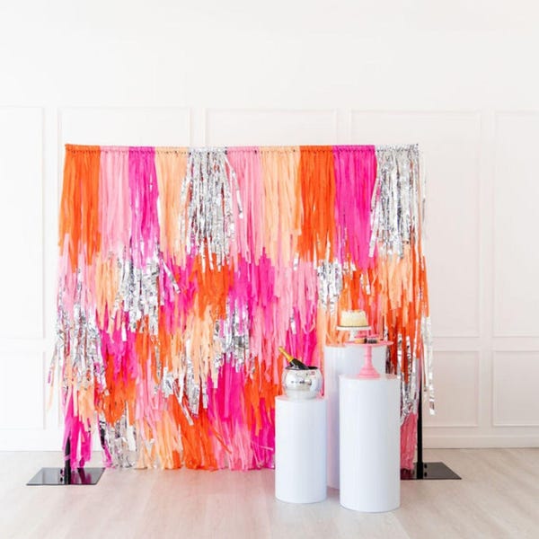 Personalizable Pink & Orange Plastic Fringe Backdrop: Party Photo Booth Decor, Fringe Garland, Tassels Decor, Party Decor