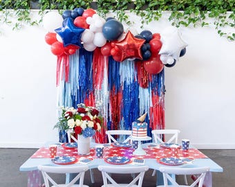 Patriotic Fringe Backdrop - Memorial Day and Summer Cookout Party Decor, Photo Booth Wall Hanging