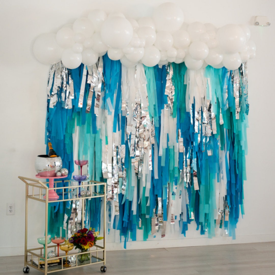 Blue White Silver Backdrop and Fringe Arch Garland Kit for Birthday