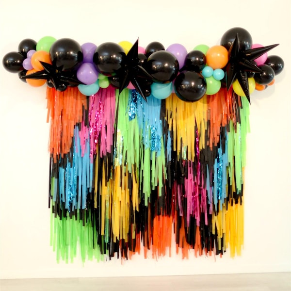 Neon Fringe Backdrop: Handmade Plastic Streamer Wall Decor, Fringe Garland, Tassels Decor, Party Decor
