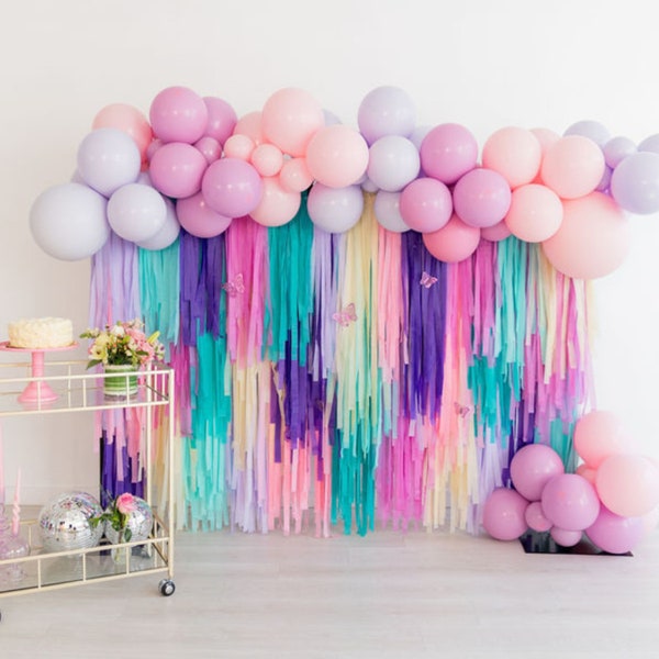 Pastel Butterfly Fringe Backdrop and Balloon Garland, Purple Baby Shower, Girls Party Decor, Pastel Birthday Balloons, Butterfly Decor