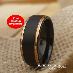Black Tungsten Wedding Ring | 18k Rose Gold Tungsten 8mm | Rose Gold Tungsten Wedding Ring | Anniversary Ring | Engagement Ring | Men's Band