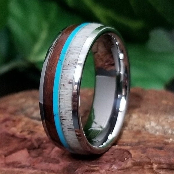 Unique Mens Tungsten Wedding Band, Tungsten Ring, Koa Wood Ring, Deer Antler Ring Band, Mens Turquoise Ring, Personalized Engraving, Hunter