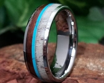 Unique Mens Tungsten Wedding Band, Tungsten Ring, Koa Wood Ring, Deer Antler Ring Band, Mens Turquoise Ring, Personalized Engraving, Hunter