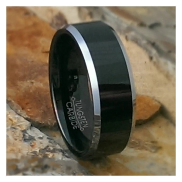 Mens Black Tungsten Ring with Silver Beveled Edges | Mens Black Wedding Band | Personalized Engraving