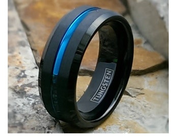 Tungsten Ring, Mens Tungsten Wedding Band, Black Tungsten Ring, Black Ring, Blue Tungsten Ring, Tungsten Band, Ring Personalized