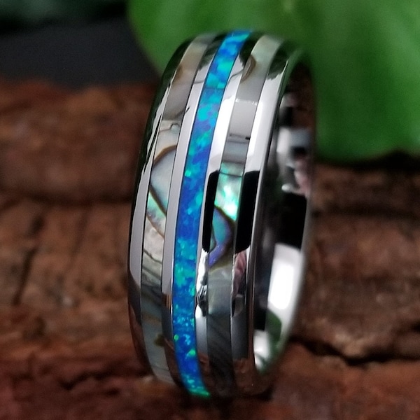 Tungsten Men's Abalone and Hawaiian Blue Opal 6mm & 8mm Tungsten Wedding Band Comfort Fit Unisex Anniversary Ring Personalized Engraving