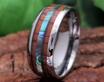 Mens Tungsten Wedding Band, Tungsten Ring, Couples Rings, Koa Wood Ring, Abalone Ring Band, Mens Tungsten Band, Personalized Engraving